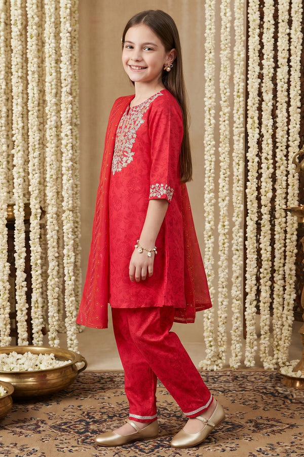 Red Embroidered Crepe Straight Kurta with Trouser and Dupatta Set