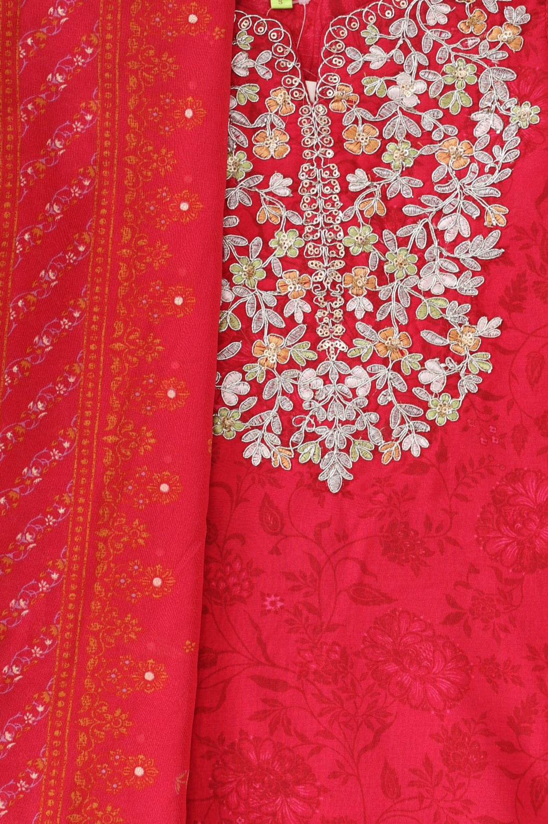 Red Embroidered Crepe Straight Kurta with Trouser and Dupatta Set