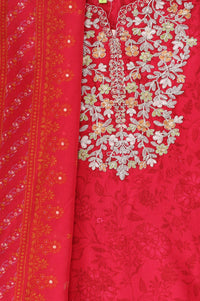 Red Embroidered Crepe Straight Kurta with Trouser and Dupatta Set