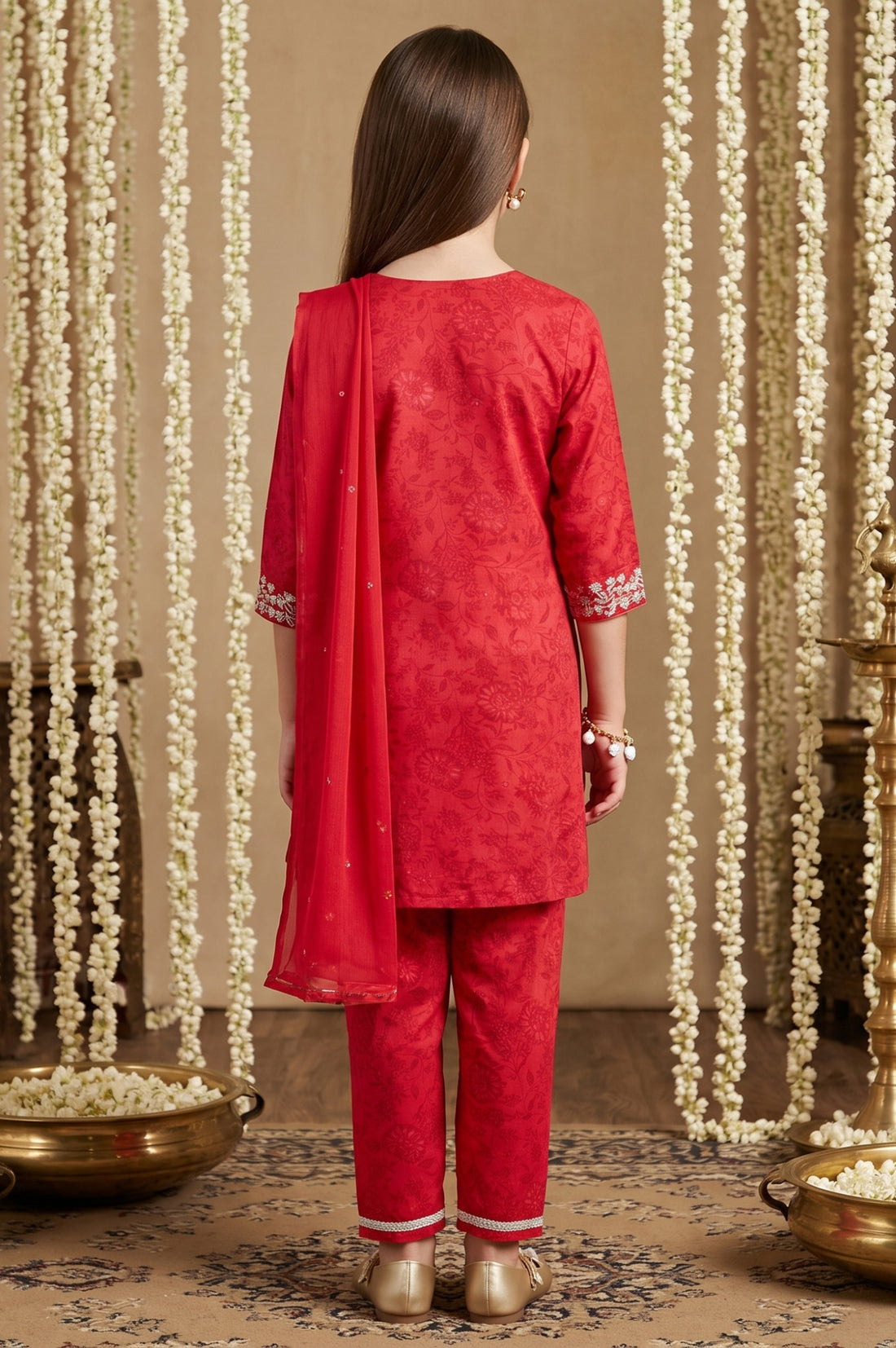 Red Embroidered Crepe Straight Kurta with Trouser and Dupatta Set