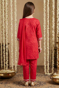 Red Embroidered Crepe Straight Kurta with Trouser and Dupatta Set