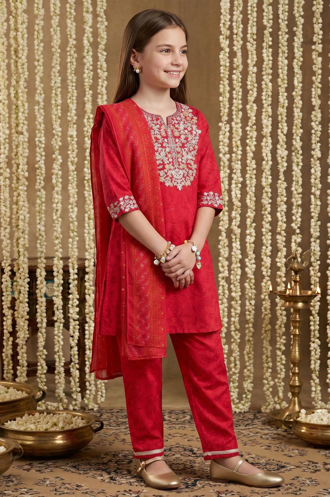 Red Embroidered Crepe Straight Kurta with Trouser and Dupatta Set