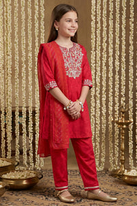 Red Embroidered Crepe Straight Kurta with Trouser and Dupatta Set