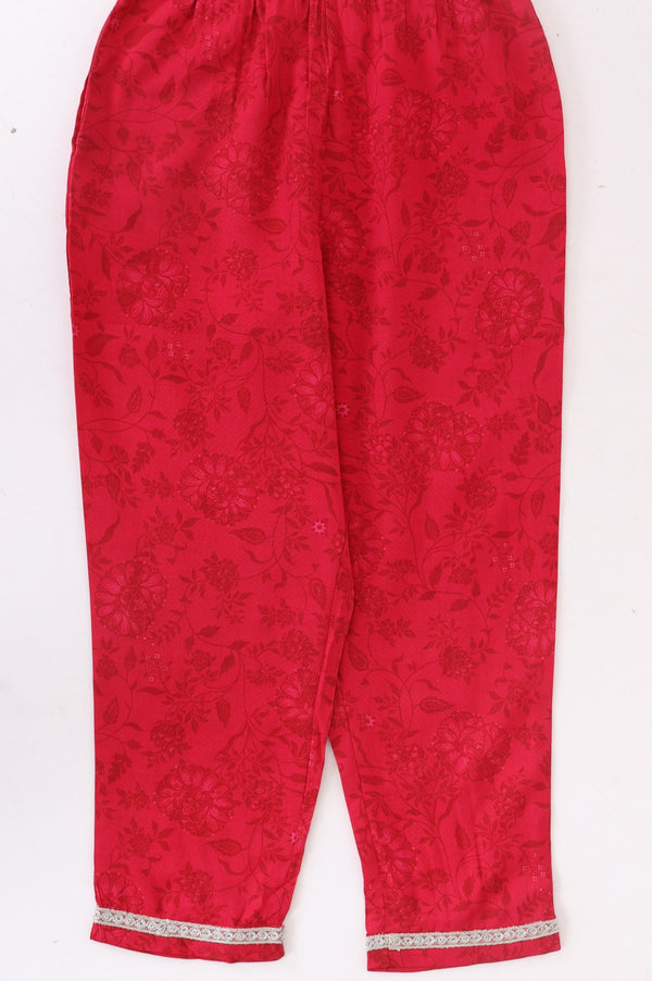 Red Embroidered Crepe Straight Kurta with Trouser and Dupatta Set