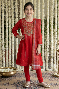 Red Sequins Embellished Chanderi Flared Kurta with Tights and Dupatta Set