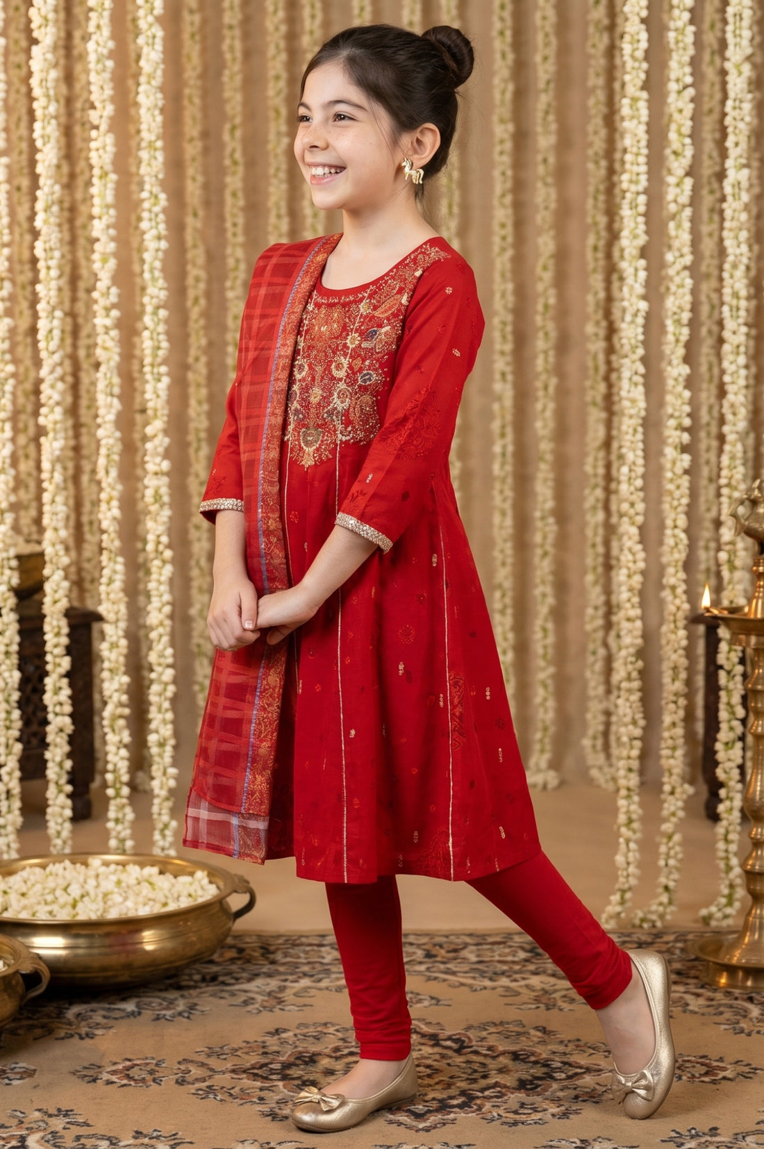 Red Sequins Embellished Chanderi Flared Kurta with Tights and Dupatta Set