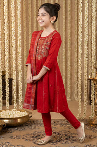 Red Sequins Embellished Chanderi Flared Kurta with Tights and Dupatta Set
