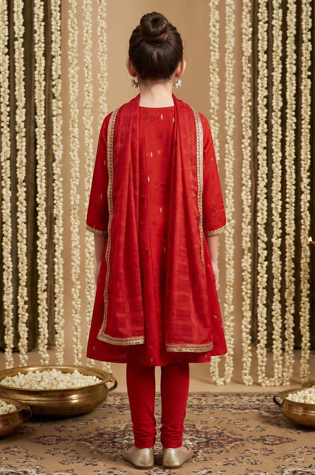 Red Sequins Embellished Chanderi Flared Kurta with Tights and Dupatta Set