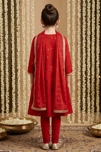 Red Sequins Embellished Chanderi Flared Kurta with Tights and Dupatta Set