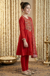 Red Sequins Embellished Chanderi Flared Kurta with Tights and Dupatta Set