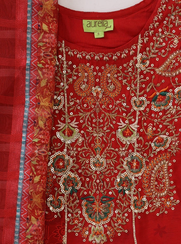 Red Sequins Embellished Chanderi Flared Kurta with Tights and Dupatta Set