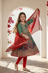 Girls Green Thread Embroidered Chinon Flared Kurta With Leggings and Dupatta Set