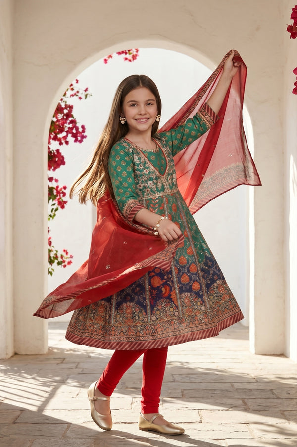 Girls Green Thread Embroidered Chinon Flared Kurta With Leggings and Dupatta Set