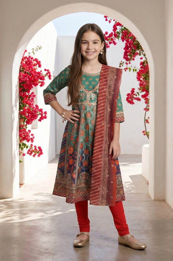 Girls Green Thread Embroidered Chinon Flared Kurta With Leggings and Dupatta Set