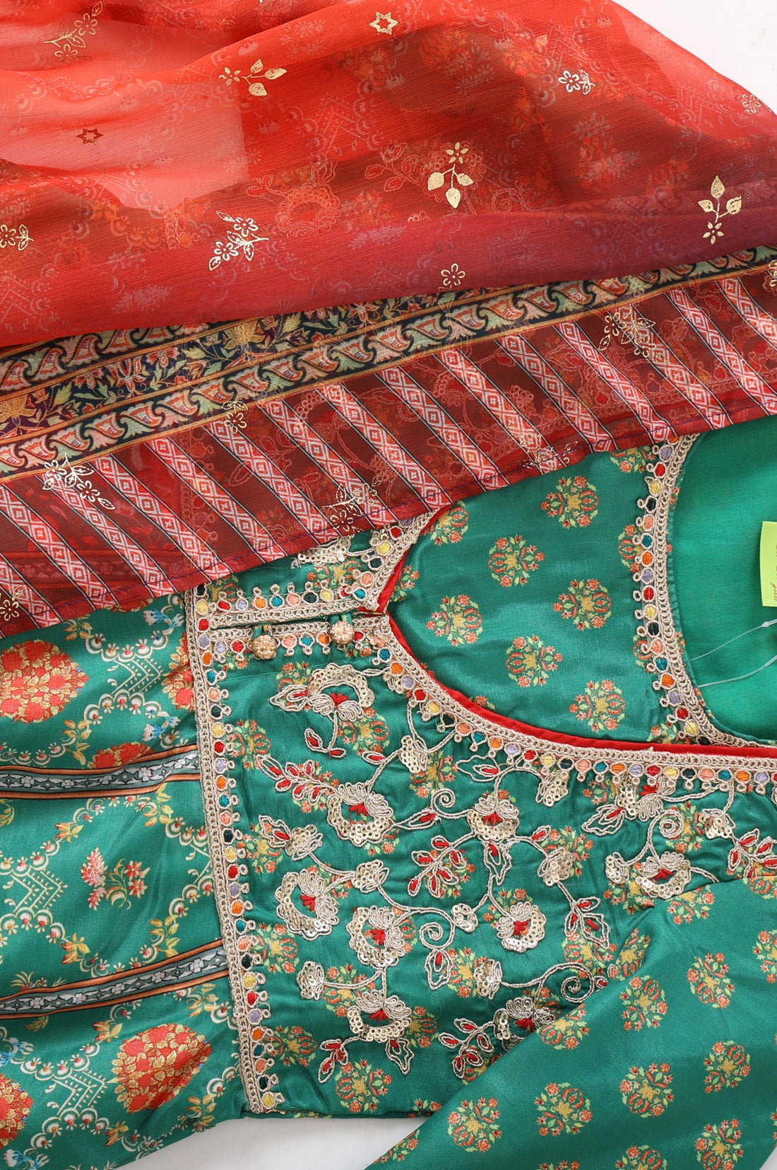 Girls Green Thread Embroidered Chinon Flared Kurta With Leggings and Dupatta Set