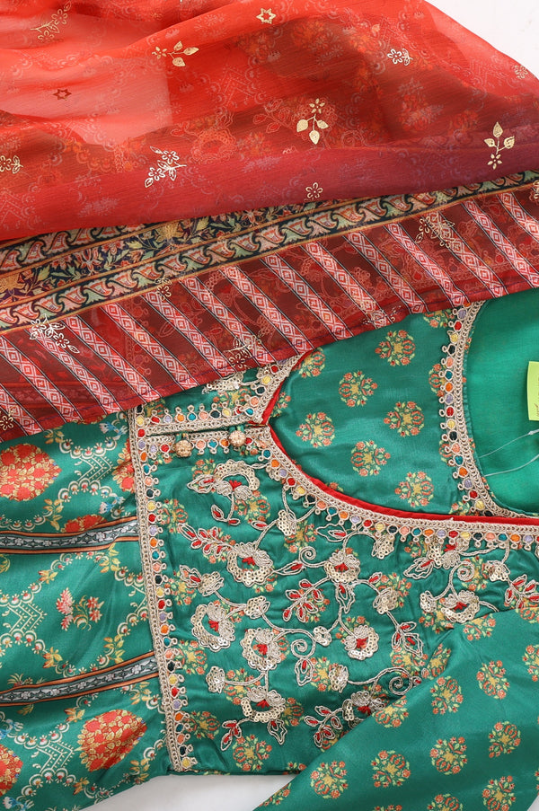 Girls Green Thread Embroidered Chinon Flared Kurta With Leggings and Dupatta Set