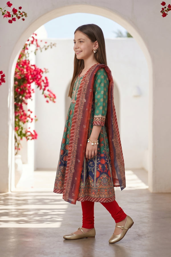 Girls Green Thread Embroidered Chinon Flared Kurta With Leggings and Dupatta Set