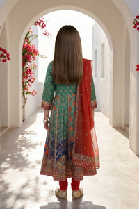 Girls Green Thread Embroidered Chinon Flared Kurta With Leggings and Dupatta Set