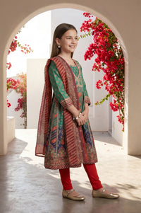 Girls Green Thread Embroidered Chinon Flared Kurta With Leggings and Dupatta Set