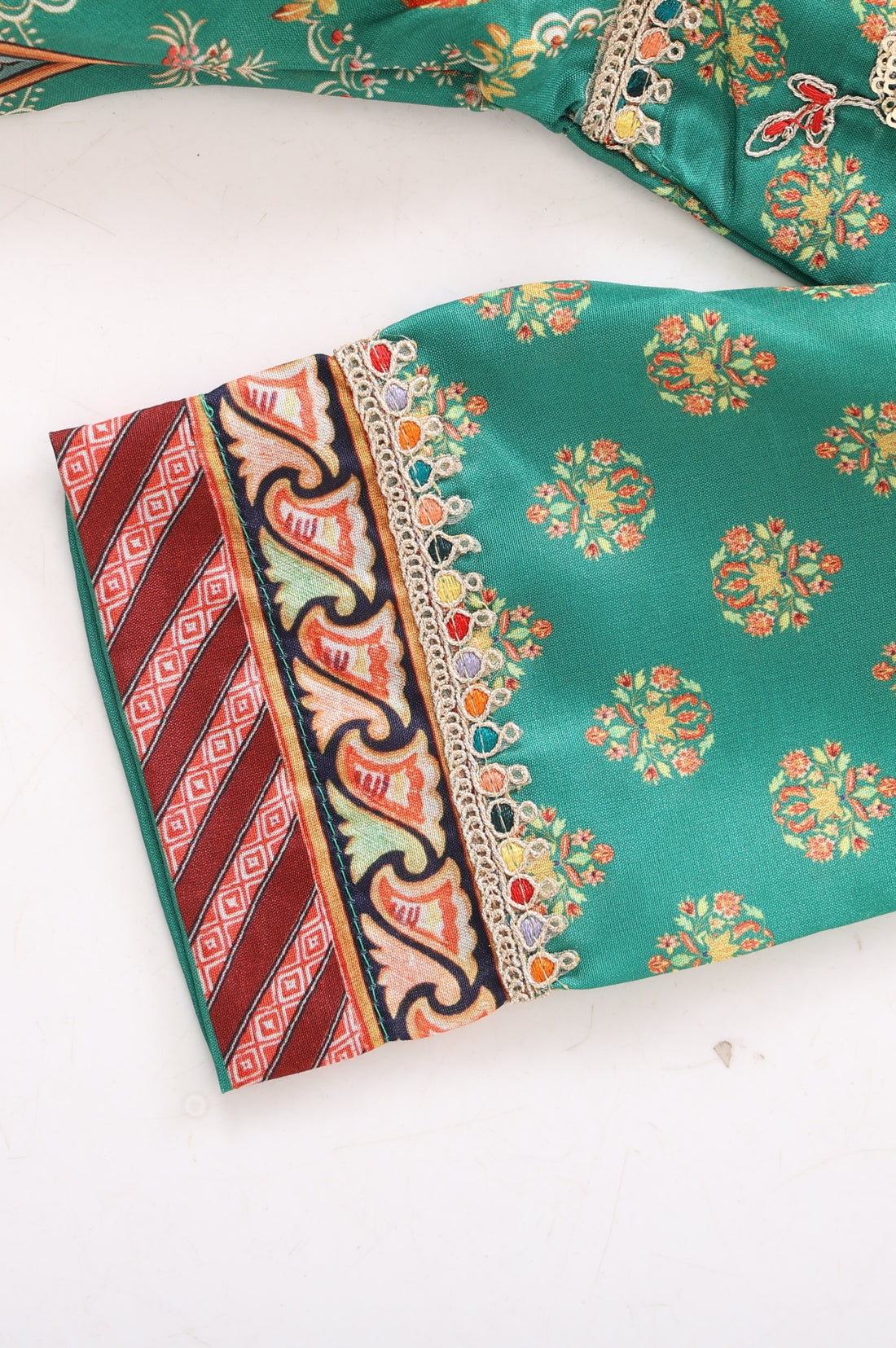 Girls Green Thread Embroidered Chinon Flared Kurta With Leggings and Dupatta Set
