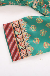 Girls Green Thread Embroidered Chinon Flared Kurta With Leggings and Dupatta Set