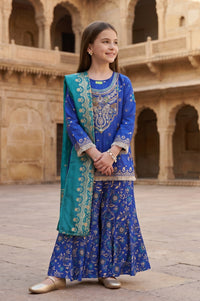 Blue Floral Printed Rayon Straight Kurta with Palazzo and Dupatta Set