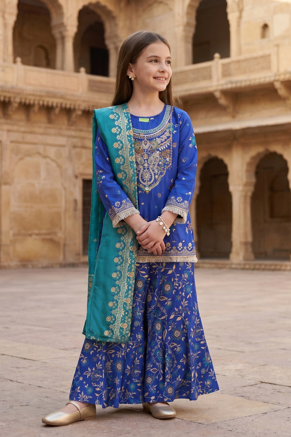 Blue Floral Printed Rayon Straight Kurta with Palazzo and Dupatta Set