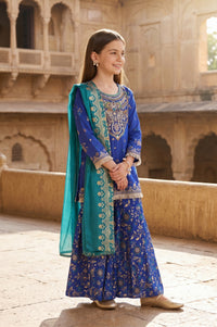 Blue Floral Printed Rayon Straight Kurta with Palazzo and Dupatta Set