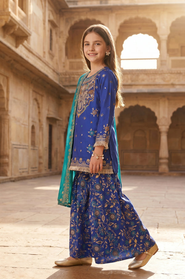 Blue Floral Printed Rayon Straight Kurta with Palazzo and Dupatta Set