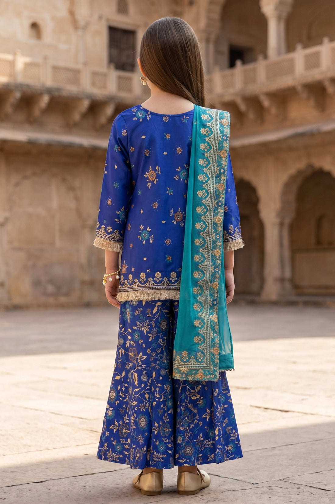 Blue Floral Printed Rayon Straight Kurta with Palazzo and Dupatta Set