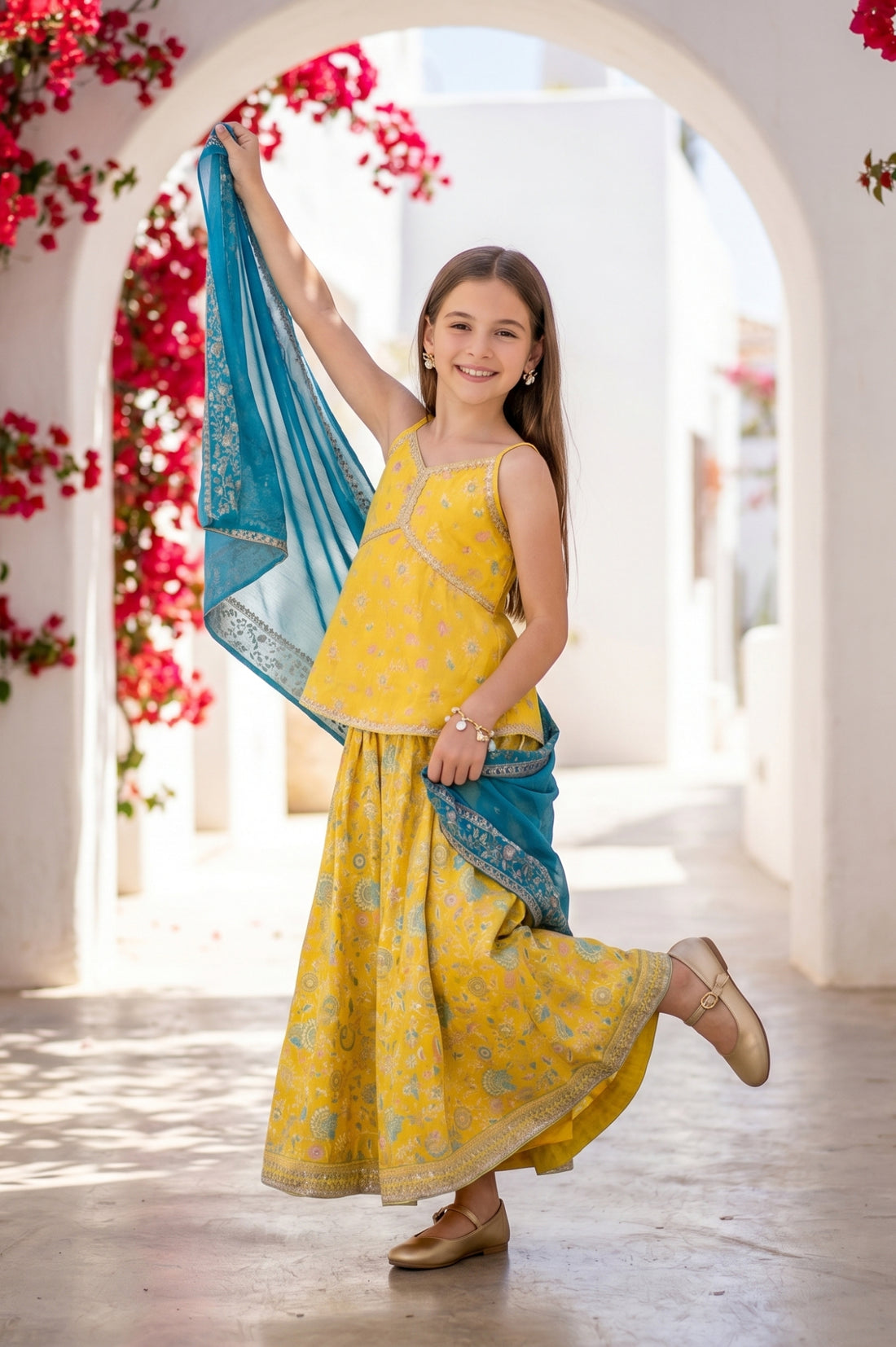 Yellow Floral Printed Lace Sleeveless Top and Lehenga Set with Dupatta