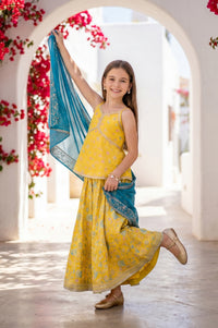 Yellow Floral Printed Lace Sleeveless Top and Lehenga Set with Dupatta