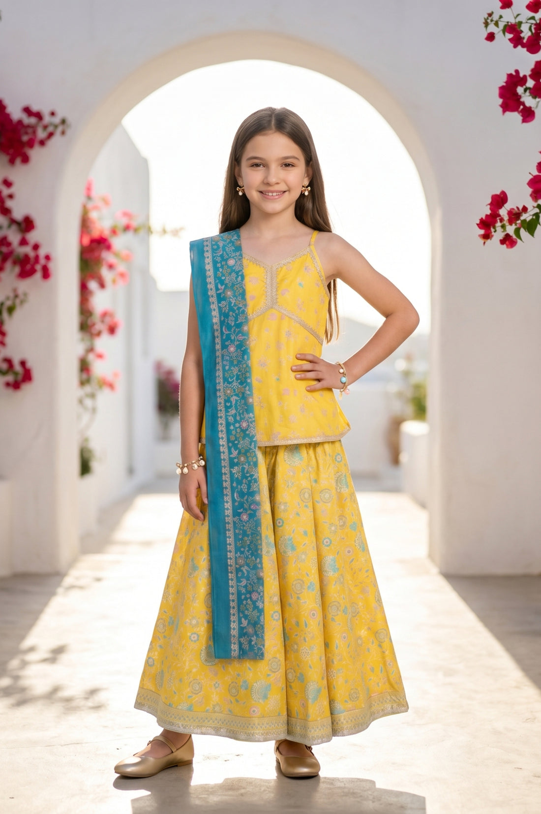 Yellow Floral Printed Lace Sleeveless Top and Lehenga Set with Dupatta