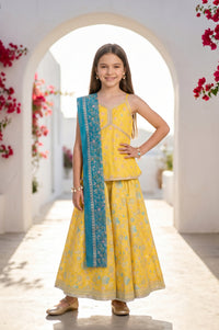 Yellow Floral Printed Lace Sleeveless Top and Lehenga Set with Dupatta