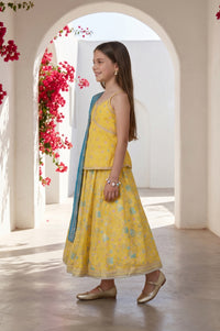 Yellow Floral Printed Lace Sleeveless Top and Lehenga Set with Dupatta