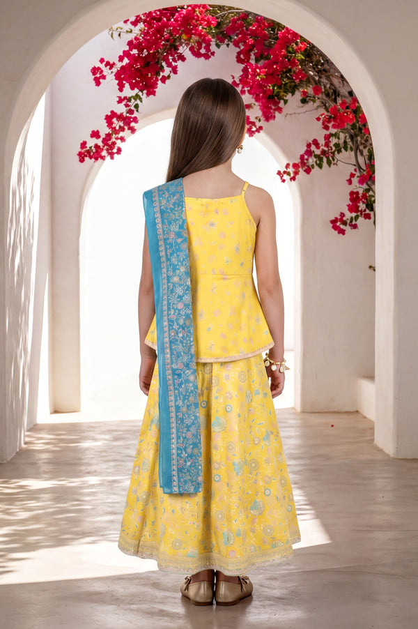 Yellow Floral Printed Lace Sleeveless Top and Lehenga Set with Dupatta
