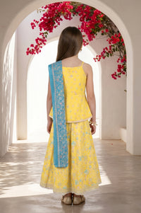 Yellow Floral Printed Lace Sleeveless Top and Lehenga Set with Dupatta