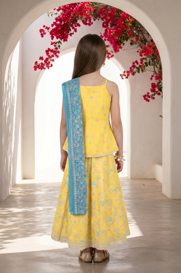 Yellow Floral Printed Lace Sleeveless Top and Lehenga Set with Dupatta
