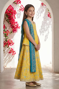 Yellow Floral Printed Lace Sleeveless Top and Lehenga Set with Dupatta