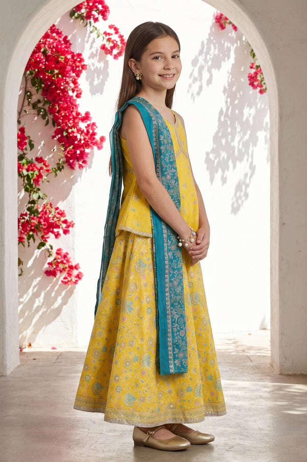 Yellow Floral Printed Lace Sleeveless Top and Lehenga Set with Dupatta
