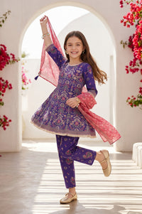 Girls Purple Floral Printed Rayon Flared Kurta With Palazzo and Dupatta Set