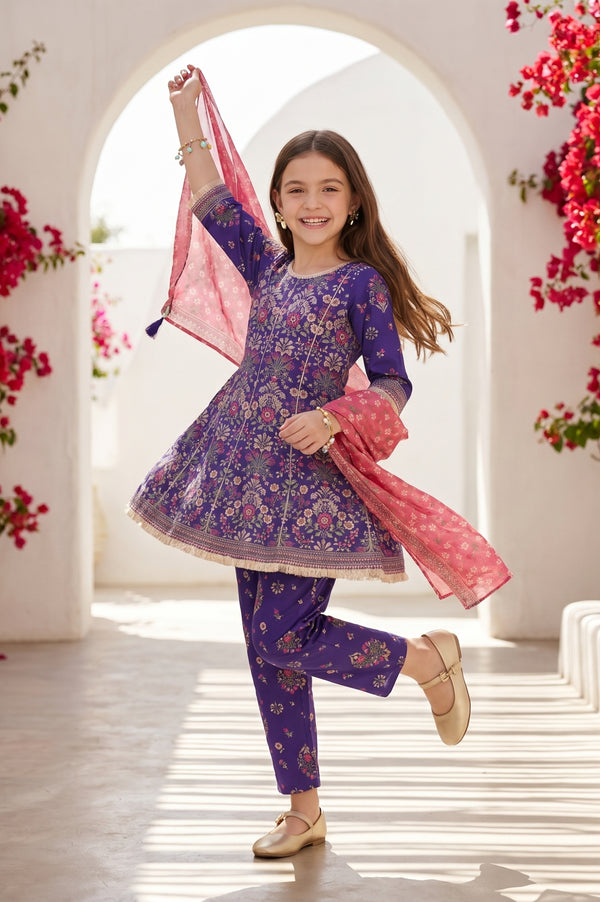 Girls Purple Floral Printed Rayon Flared Kurta With Palazzo and Dupatta Set