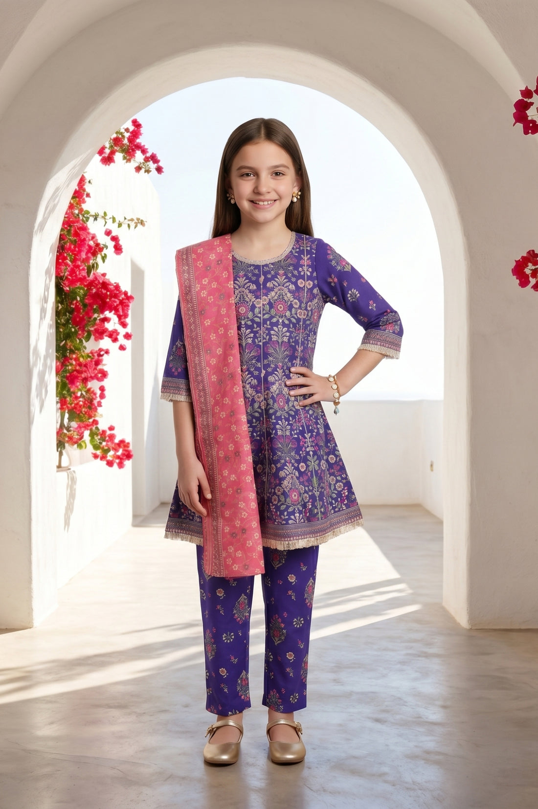 Girls Purple Floral Printed Rayon Flared Kurta With Palazzo and Dupatta Set