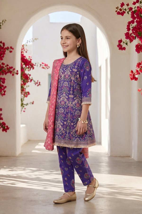 Girls Purple Floral Printed Rayon Flared Kurta With Palazzo and Dupatta Set