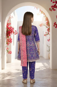 Girls Purple Floral Printed Rayon Flared Kurta With Palazzo and Dupatta Set