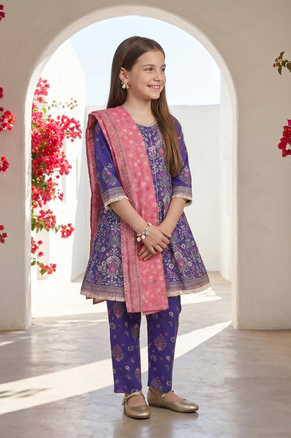 Girls Purple Floral Printed Rayon Flared Kurta With Palazzo and Dupatta Set