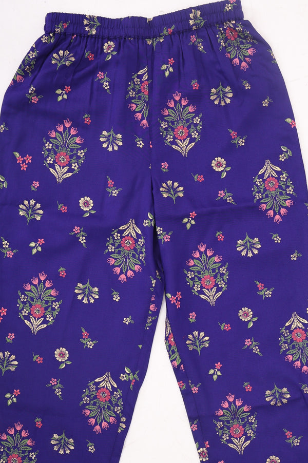 Girls Purple Floral Printed Rayon Flared Kurta With Palazzo and Dupatta Set