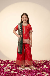Red Geometric Printed Straight Kurta with Palazzo and Dupatta Set