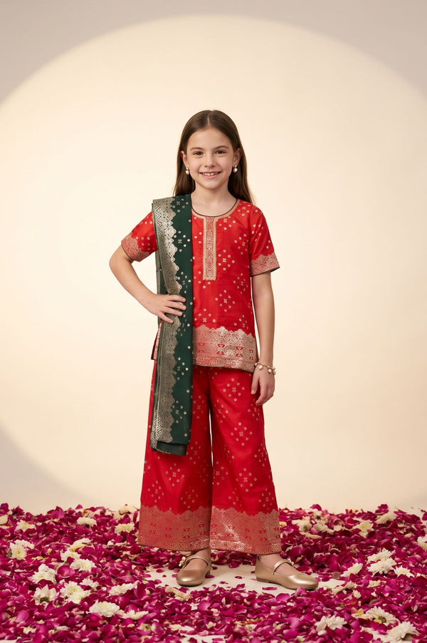 Red Geometric Printed Straight Kurta with Palazzo and Dupatta Set