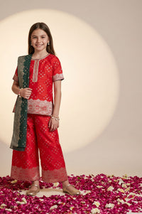 Red Geometric Printed Straight Kurta with Palazzo and Dupatta Set